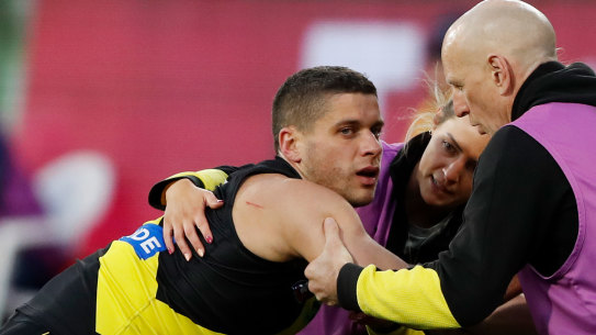 Head trauma: Dion Prestia is in concussion protocols after he was involved in an off-the-ball incident with Tom Stewart on Saturday.