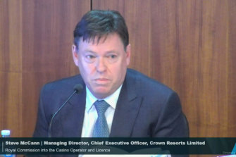 Crown Resorts CEO Steve McCann giving evidence to Victoria’s royal commission into the casino giant on July 6, 2021.