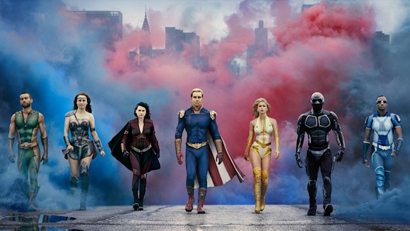The Seven, the ostensible superheroes of The Boys (l-r): The Deep (Chace Crawford), Maeve (Dominique McElligott), Stormfront (Aya Cash), Homelander (Antony Starr), Starlight (Erin Moriarty), Black Noir (Nathan Mitchell), and A-Train (Jessie T Usher). 