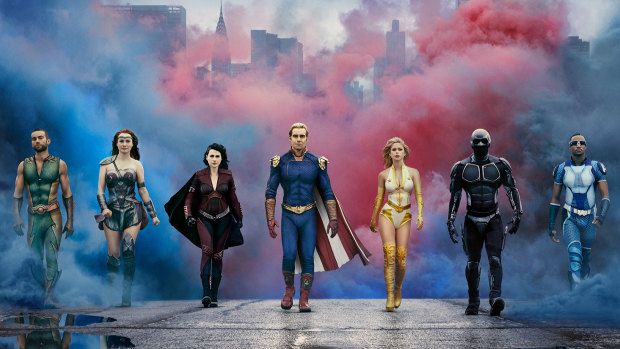 The Seven, the ostensible superheroes of The Boys (l-r): The Deep (Chace Crawford), Maeve (Dominique McElligott), Stormfront (Aya Cash), Homelander (Antony Starr), Starlight (Erin Moriarty), Black Noir (Nathan Mitchell), and A-Train (Jessie T Usher). 