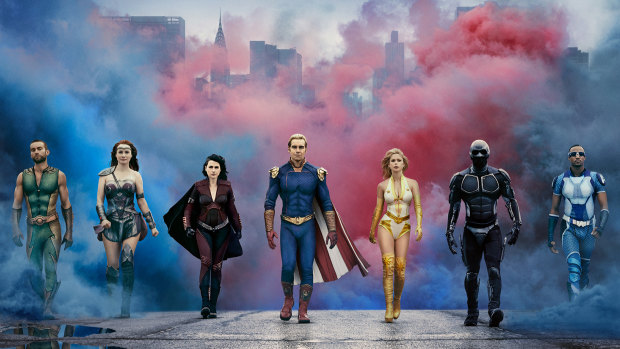The Seven, the ostensible superheroes of The Boys (l-r): The Deep (Chace Crawford), Maeve (Dominique McElligott), Stormfront (Aya Cash), Homelander (Antony Starr), Starlight (Erin Moriarty), Black Noir (Nathan Mitchell), and A-Train (Jessie T Usher). 