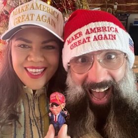 Coalition senator Jacinta Nampijinpa Price poses in a MAGA cap with her husband Colin Lillie in a photo shared on social media.