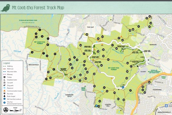 A map showing the range of bush tracks through the Mt Coot-tha Bushland Reserve. 