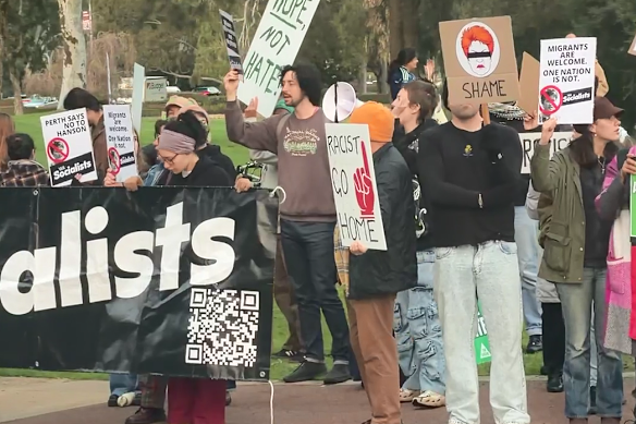 Protesters outside the Leadership Matters event, hosting One Nation leader Pauline Hanson.