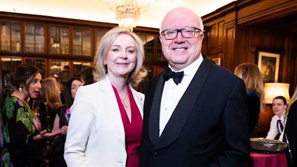 Former British prime minister Liz Truss with George Brandis, a former Australian high commissioner to the UK and a columnist for this masthead. 