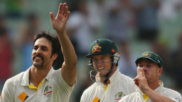Shh: Mitchell Johnson, George Bailey and David Warner in 2013.
