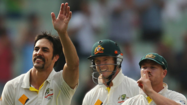 Shh: Mitchell Johnson, George Bailey and David Warner in 2013.