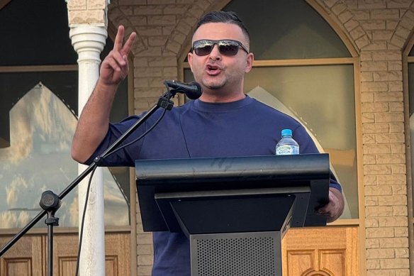 Khaled Beydoun at a rally outside Lakemba Mosque.