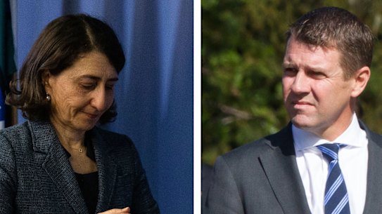 Former NSW premiers Gladys Berejiklian and Mike Baird. Mr Baird will give evidence at the ICAC tomorrow. He is not accused of wrongdoing.
