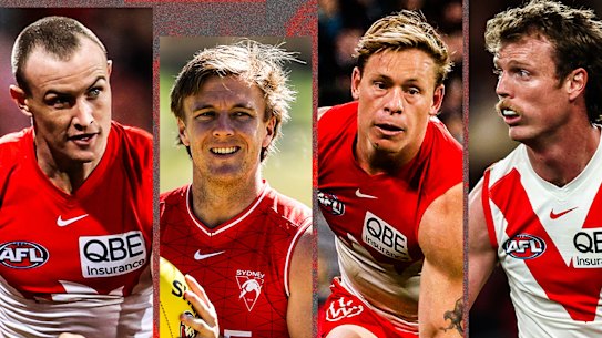 Sydney Swans players (from left) Chad Warner, James Jordon, Isaac Heeney and Nick Blakey.