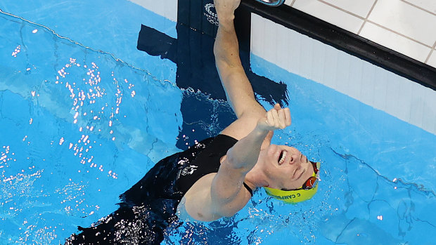 Cate Campbell celebrates after winning gold.