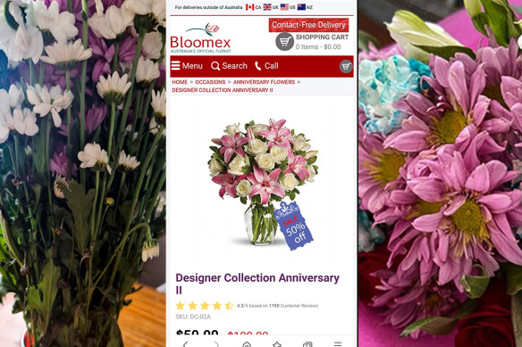 The way Bloomex promotes its flowers (centre) and the way they look when delivered to customers (left and right).