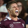 Luke Brooks, Rueben Garrick and Daly Cherry-Evans celebrate another Manly try.