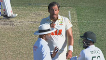 Mitchell Starc clashes with Mehidy.