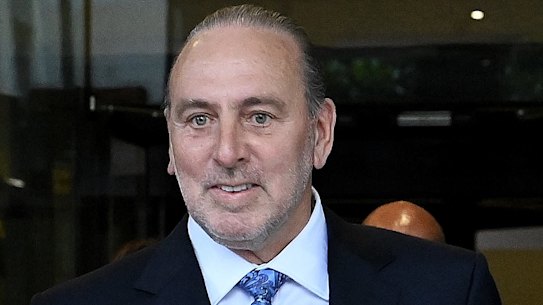 Hillsong founder Brian Houston leaves Downing Centre Local Court on Monday.
