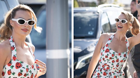Margot Robbie arrives at Bondi Icebergs for a press conference ahead of the Barbie movie’s release.