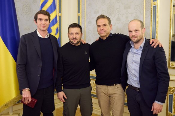 News Corp boss Lachlan Murdoch with Ukrainian President Volodymyr Zelensky, Fox News journalist Benjamin Hall, far left, and Sun reporter Jerome Starkey, far right.