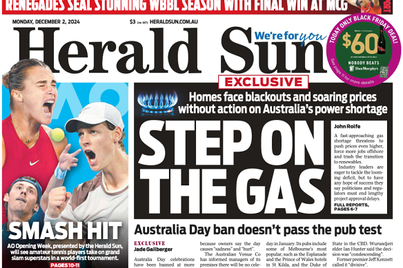 The Herald Sun’s front page on Monday, labelling the sponsored report as “exclusive”.