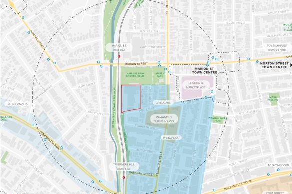 The proposed redevelopment would be next to Lambert Park and the light rail line, as well as the inner west Greenway.