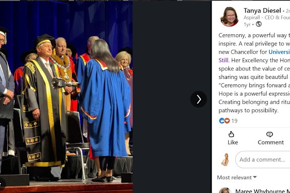 Aspirall’s Tanya Diesel posted on Linkedin to celebrate Michael Still being made chancellor of the University of Wollongong last year. 