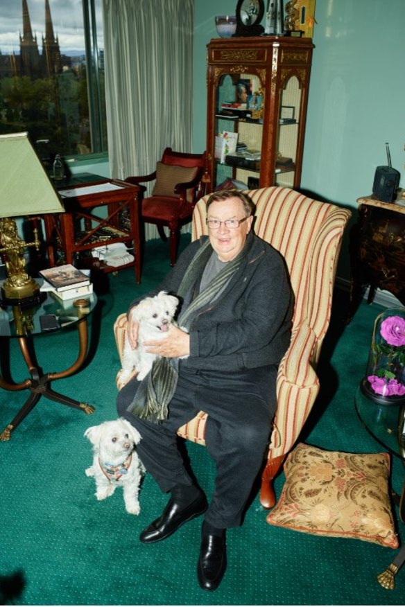 With pets Lilly and Lucy at his Melbourne home, an amalgamation of five apartments.