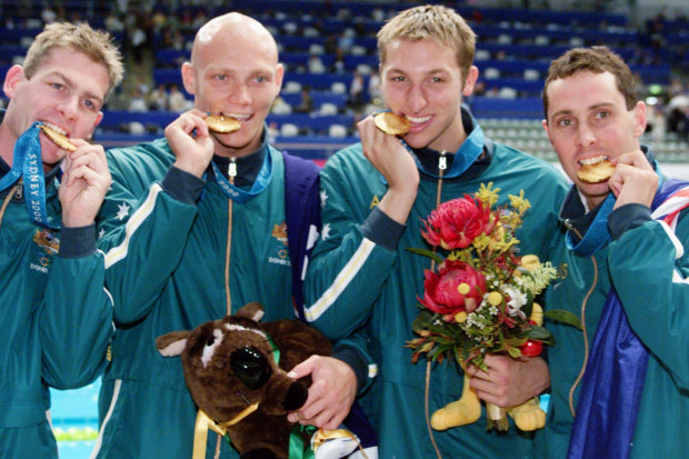 Todd Pearson, Michael Klim, Ian Thorpe and William Kirby celebrated gold for Australia after the 4x200m freestyle relay ... with Fatso.