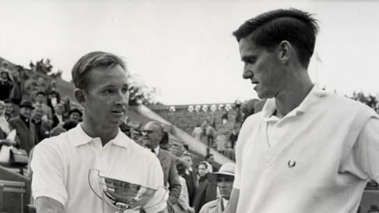 Roy Emerson congratulates Rod Laver on his French Open singles title.