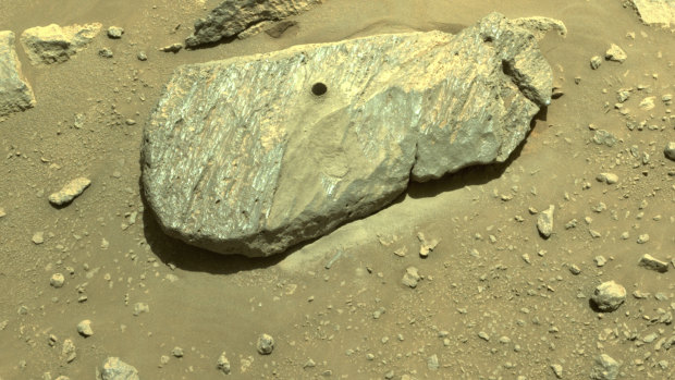 The hole drilled by the Perseverance rover during its second sample-collection attempt in Mars’ Jezero Crater. 