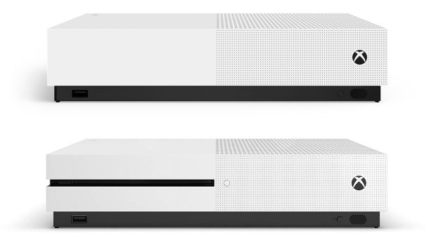 The Xbox One S All-Digital Edition, above the original Xbox One S.