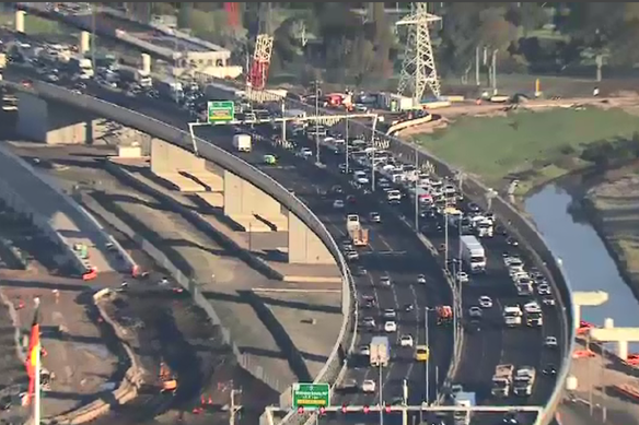 The truck drivers occupying four lanes along the West Gate Bridge.