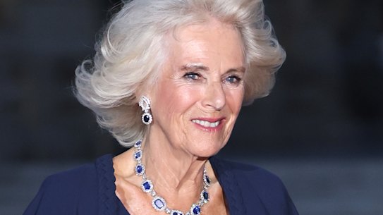 Queen Camilla in Dior haute couture at Versailles on September 20, 2023.