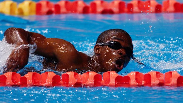 Eric Moussambani of Equatorial Guinea at the Sydney Olympics. 
