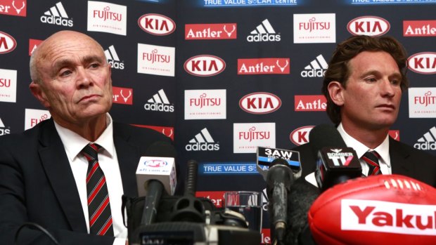 Essendon coach James Hird (right) and CEO Paul Little face the media in March 2015.