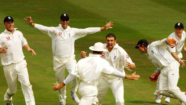 As good as it gets: Steve Harmison, centre, celebrates with teammates after England's dramatic win at Edgbaston in 2005.