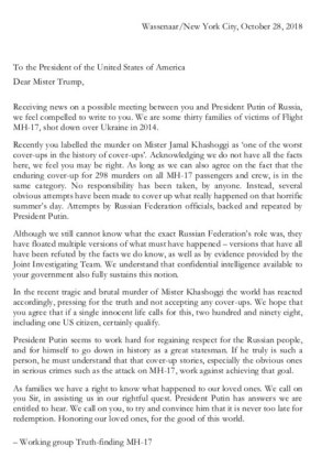 A letter to Donald Trump from a group of families who lost loved ones in the MH17 tragedy.