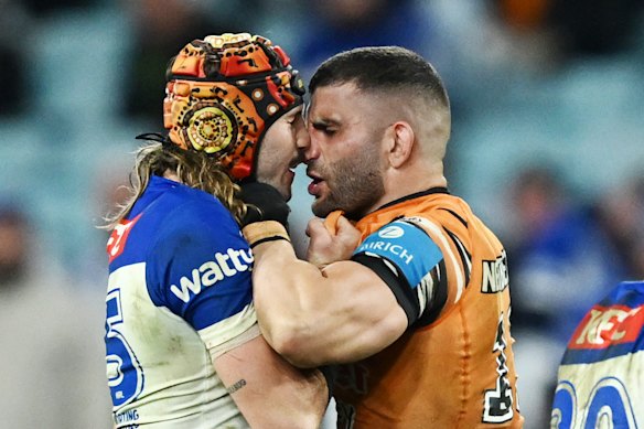 Josh Curran and Alex Twal face each other full-time in the middle of the Accor Stadium.