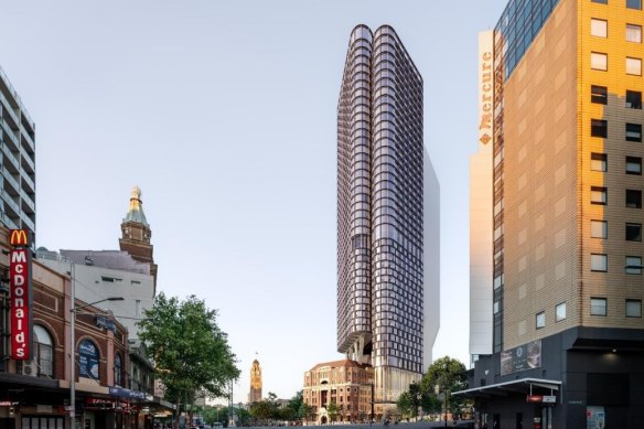 The concept for the tower development, prepared by Bates Smart, won a design competition for the prominent site.