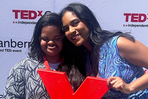 Sisters Karuka and Satara Uthayakumaran pictured at TedX Canberra in October 2025.