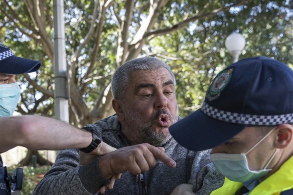A man is arrested by police after attending a protest in Sydney's Hyde Park on Saturday. 