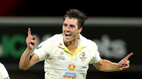 Cummins celebrates a wicket. 