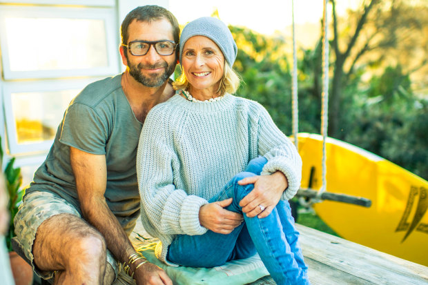 Cameron and Sam at their home on Sydney’s northern beaches, where she grew up almost 
living in the surf.