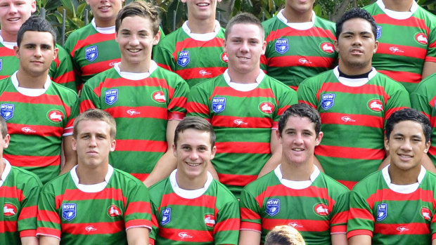 South Sydney’s 2013 Harold Matthews side ... Cam Murray (second from left, middle row) and Nat Butcher (second from right, front row)