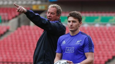 Mick Byrne directs playmaker Beauden Barrett in 2015 ahead of an All Blacks Test against South Africa. 