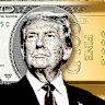 Donald Trump in front of a US dollar bill and gold bar
