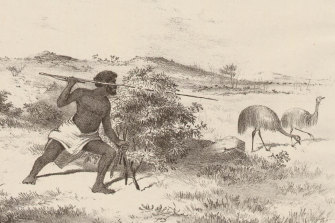 A 19th-century depiction of an Indigenous man hunting emus. 