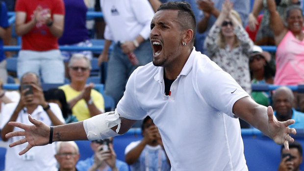 Who's the champ: Nick Kyrgios reacts after defeating Daniil Medvedev, of Russia, in the Washington final.