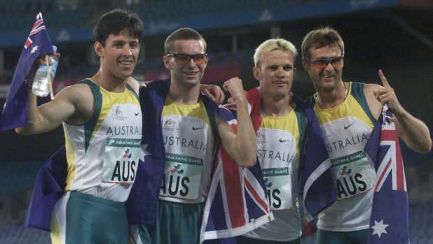 The men's 4x100 relay, featuring Heath Francis (second left) and Tim Matthews (second right)