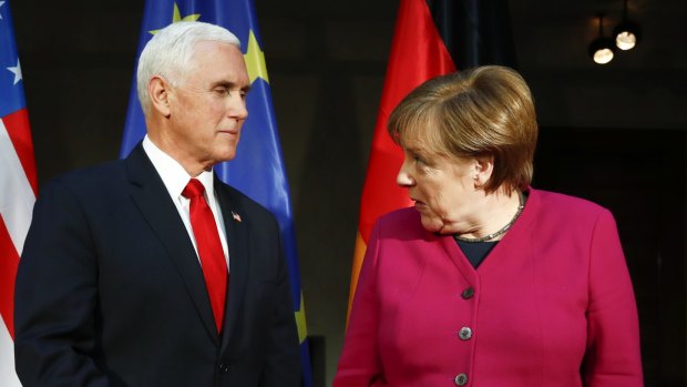 German Chancellor Angela Merkel, and  United States Vice President Mike Pence, left, for a bilateral meeting at the Munich Security Conference last weekend. 