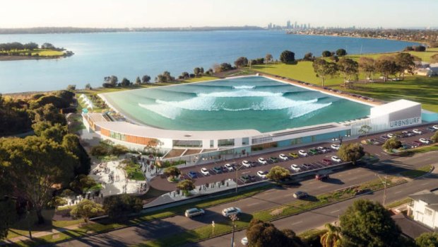 An artist's impression of the URBNSURF wave park on the Swan River in Alfred Cove.