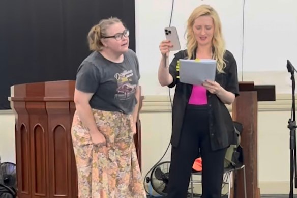 Ebony Halliday (Nerissa), left, and Lucinda Jurd (Portia) during rehearsals for The Merchant of Venice.